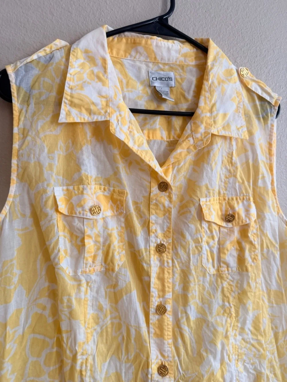 Chicos Yellow Floral Button Down Sleeveless Top Size 3